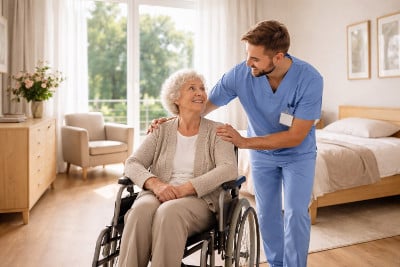 Seniorin wird freundlich betreut im Pflegeheim – Pflegekosten 2026 Deutschland